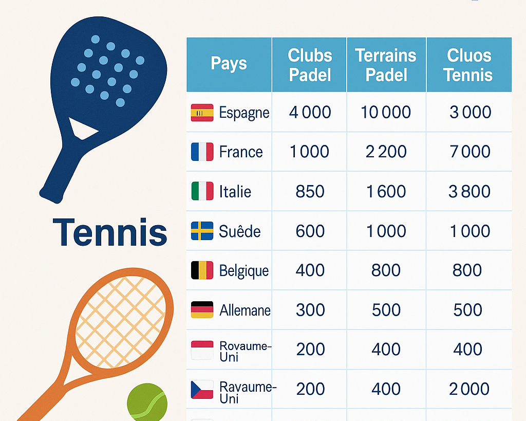 Classement des pays européens selon le nombre de clubs, de terrains et d’installations de padel et de tennis