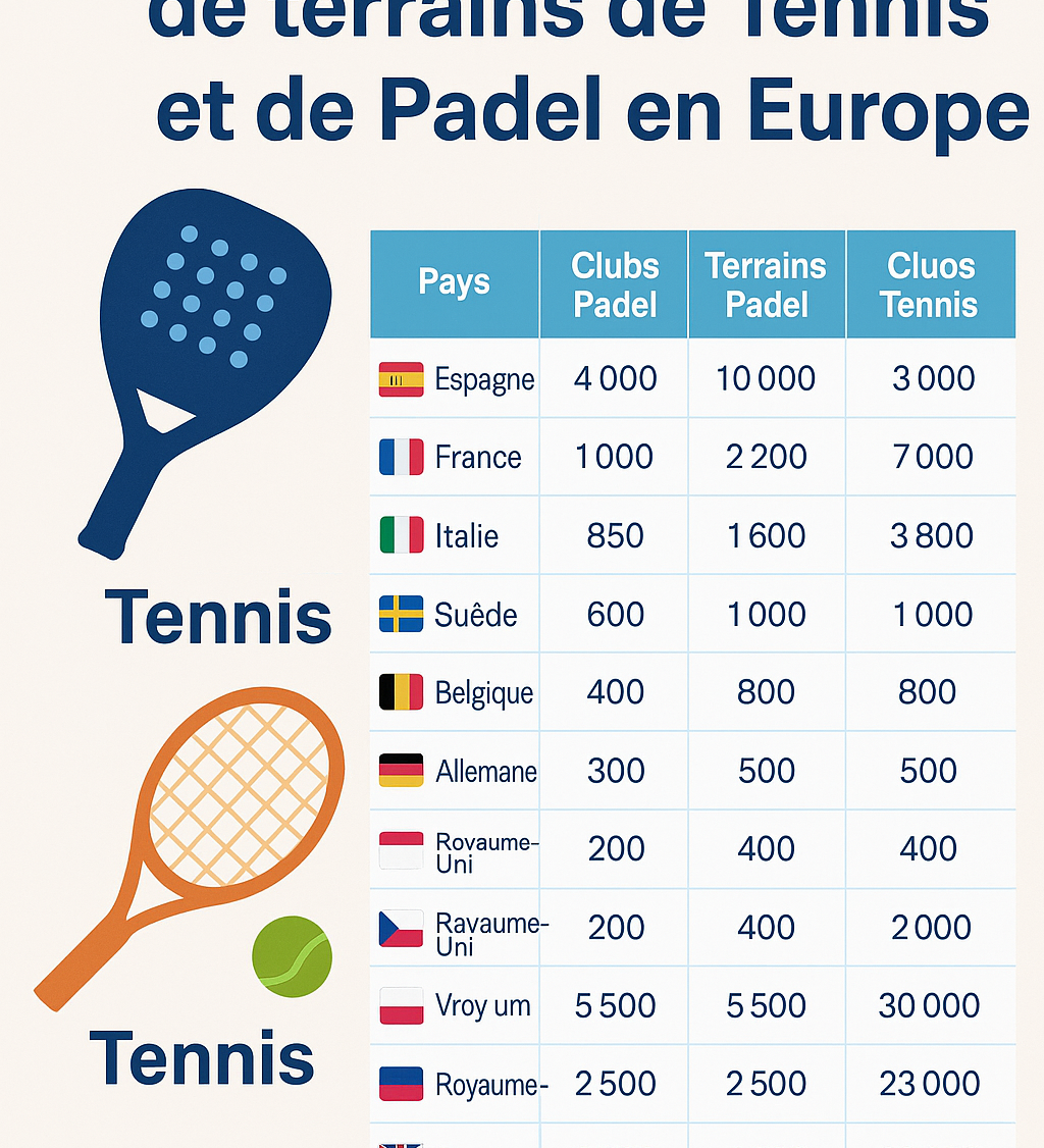 Clasificación de los países europeos según el número de clubes, pistas e instalaciones de pádel y tenis