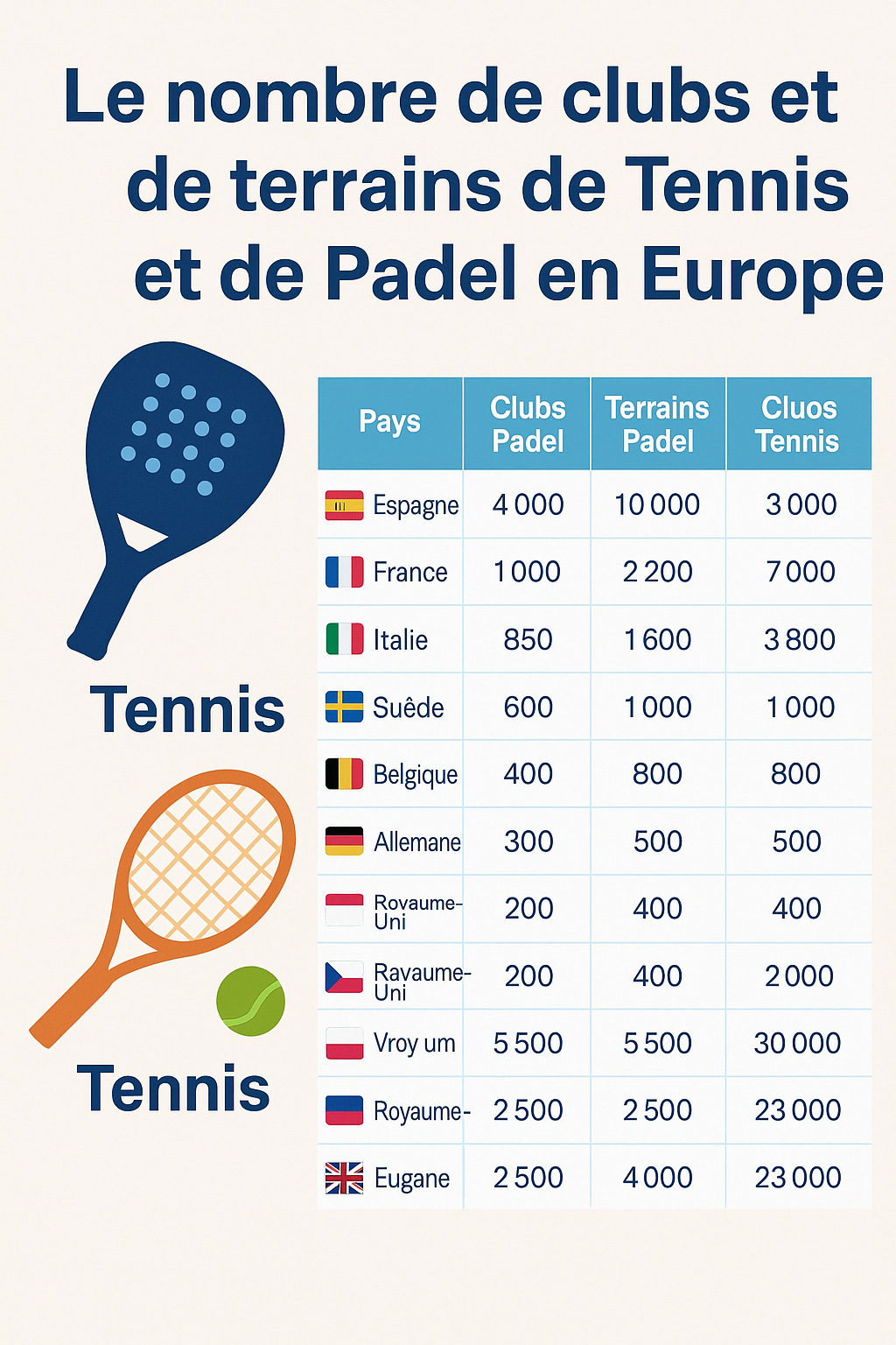 Classement des pays européens selon le nombre de clubs, de terrains et d’installations de padel et de tennis