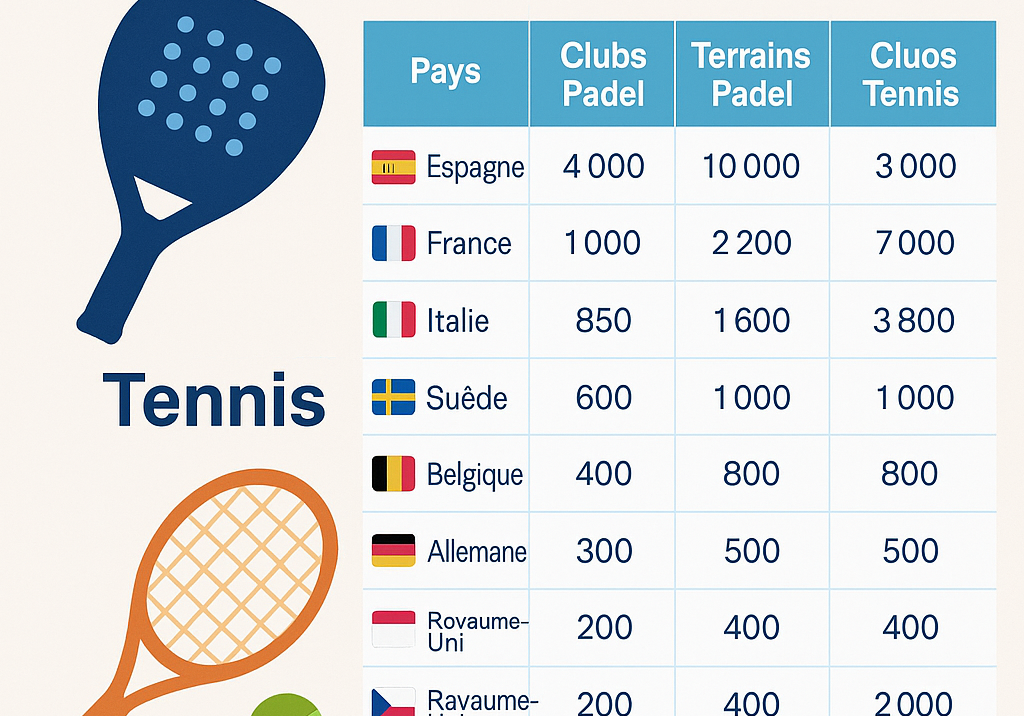 Classement des pays européens selon le nombre de clubs, de terrains et d’installations de padel et de tennis